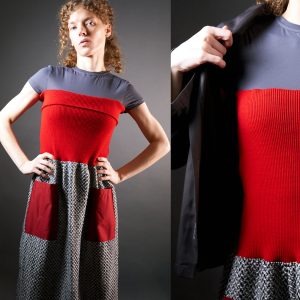 Spódnica - sukienka czarno-biała z czerwonym ściągaczem