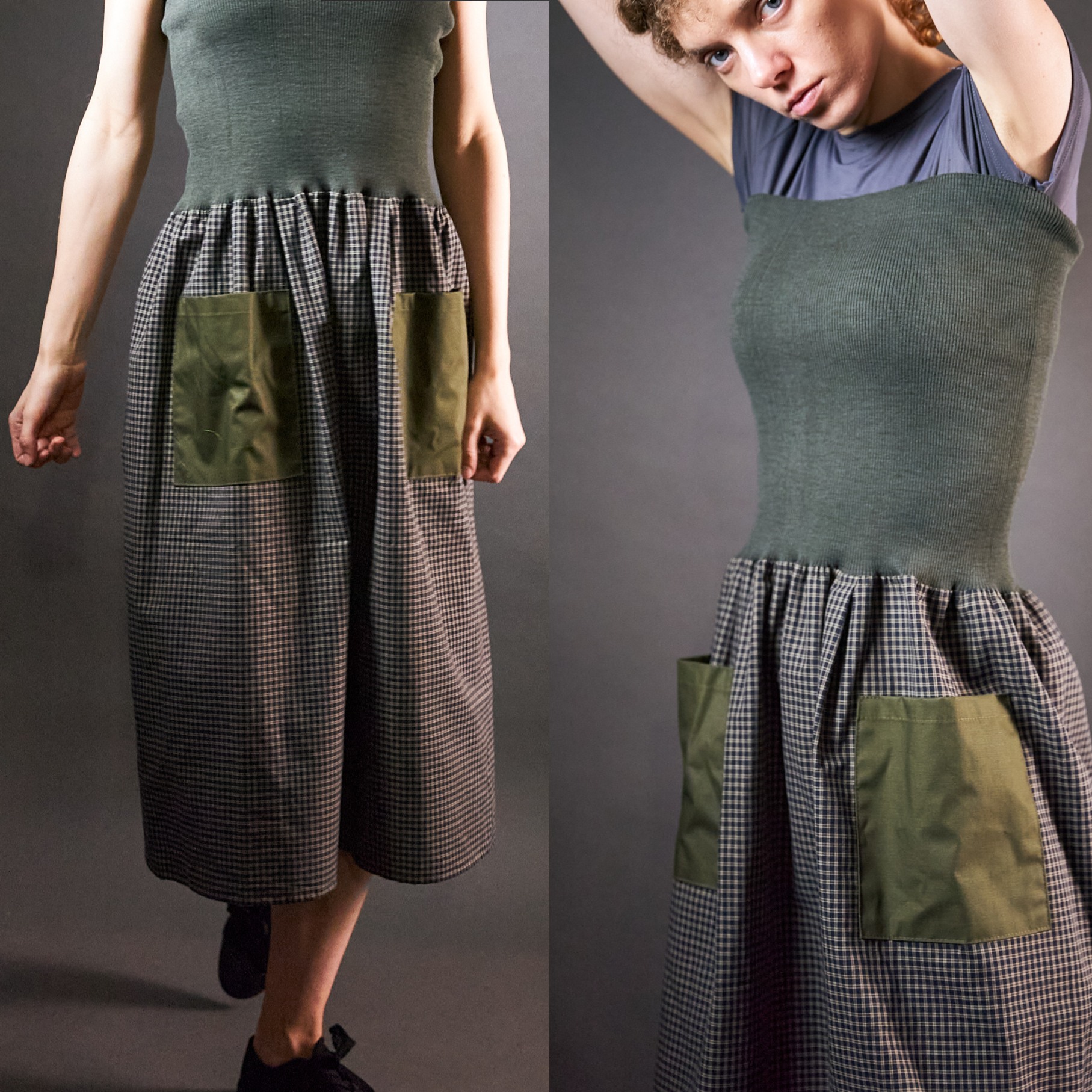 Spódnica - sukienka w kratę ze ściągaczem zielona - Soie Star