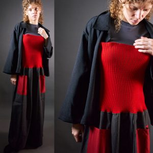 Spódnica - sukienka z bawełnianego tweedu czarna z czerwonym ściągaczem