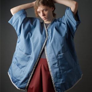 Płaszczyk kimonowy patchwork niebieski oversize żakardowy – upcykling - Soie Star
