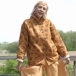 lniana Kurtka - kufajka ze stójką lekko ocieplana - pomarańczowo-tabakowa w kwiaty
